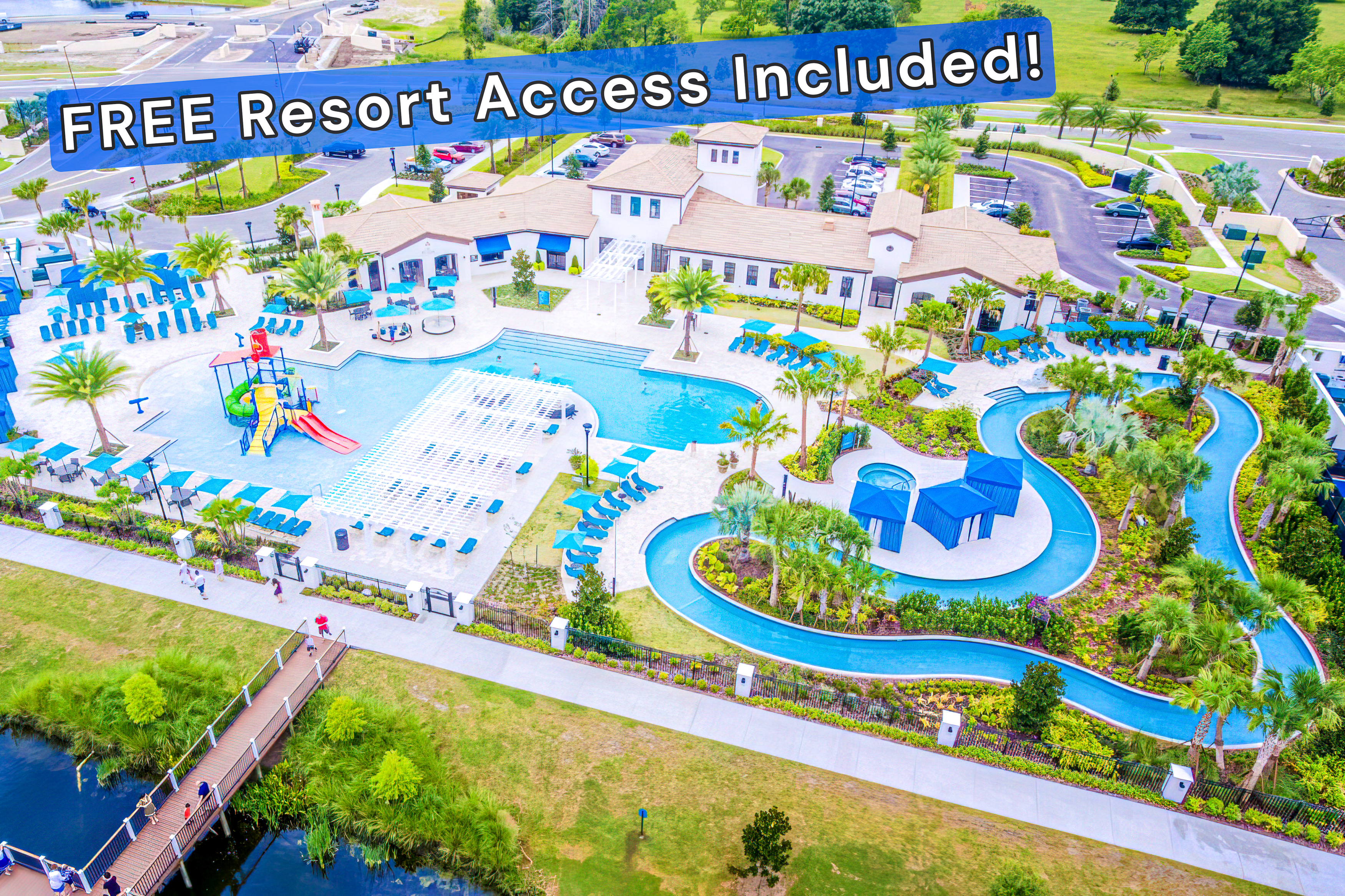 FREE resort access — aerial view of Windsor at Westside with Lazy River, splash pad and resort pool