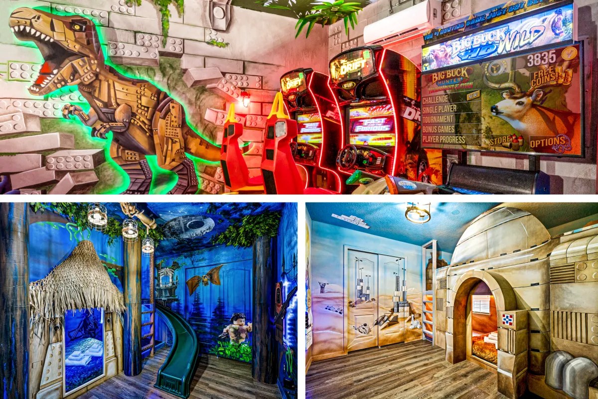 LeGobi Villa vacation rental near Disney World - LEGO-themed arcade room with dinosaur murals and fantasy-themed bedrooms in Kissimmee, Florida